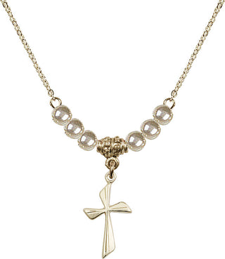 18" Hamilton Gold Plated Necklace with 4mm Faux-Pearl Beads featuring a 14kt Gold Filled Cross Medal.