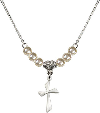 18" Rhodium Plated Necklace with 4mm Faux-Pearl Beads featuring a Sterling Silver Cross Medal.