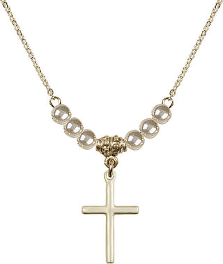 18" Hamilton Gold Plated Necklace with 4mm Faux-Pearl Beads featuring a 14kt Gold Filled Cross Medal.