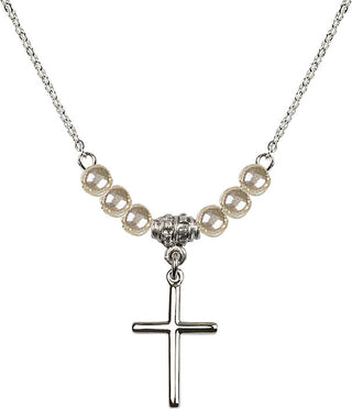 18" Rhodium Plated Necklace with 4mm Faux-Pearl Beads featuring a Sterling Silver Cross Medal.