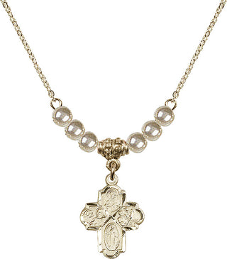 18" Hamilton Gold Plated Necklace with 4mm Faux-Pearl Beads featuring a 14kt Gold Filled 4-Way Medal.