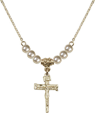 18" Hamilton Gold Plated Necklace with 4mm Faux-Pearl Beads featuring a 14kt Gold Filled Nail Crucifix Medal.