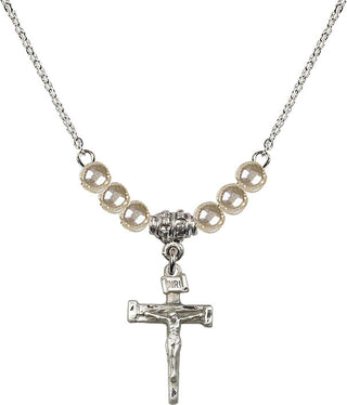 18" Rhodium Plated Necklace with 4mm Faux-Pearl Beads featuring a Sterling Silver Nail Crucifix Medal.