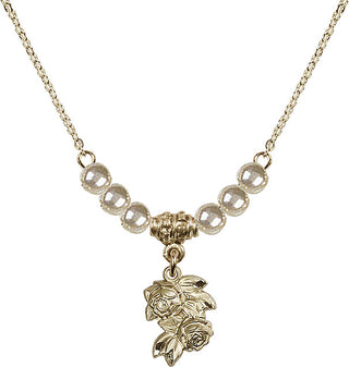 18" Hamilton Gold Plated Necklace with 4mm Faux-Pearl Beads featuring a 14kt Gold Filled Rose Medal.