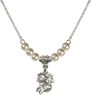 18" Rhodium Plated Necklace with 4mm Faux-Pearl Beads featuring a Sterling Silver Rose Medal.