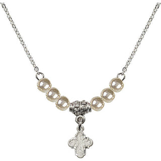 18" Rhodium Plated Necklace with 4mm Faux-Pearl Beads featuring a Sterling Silver 4-Way Medal.