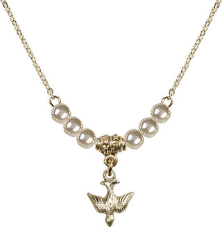18" Hamilton Gold Plated Necklace with 4mm Faux-Pearl Beads featuring a 14kt Gold Filled Holy Spirit Medal.