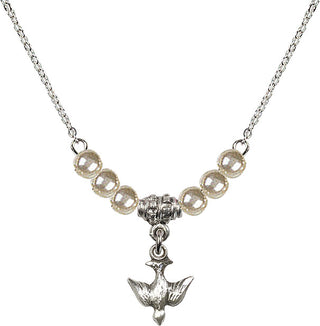 18" Rhodium Plated Necklace with 4mm Faux-Pearl Beads featuring a Sterling Silver Holy Spirit Medal.