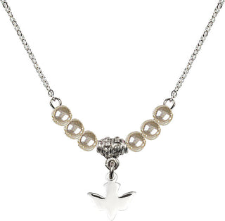 18" Rhodium Plated Necklace with 4mm Faux-Pearl Beads featuring a Sterling Silver Holy Spirit Medal.