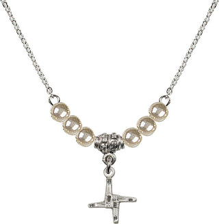 18" Rhodium Plated Necklace with 4mm Faux-Pearl Beads featuring a Sterling Silver Saint Brigid Cross Medal.