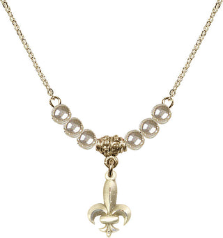 18" Hamilton Gold Plated Necklace with 4mm Faux-Pearl Beads featuring a 14kt Gold Filled Fleur de Lis Medal.