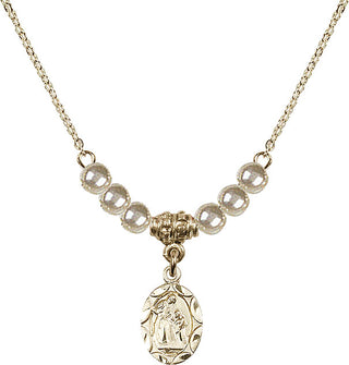18" Hamilton Gold Plated Necklace with 4mm Faux-Pearl Beads featuring a 14kt Gold Filled Saint Ann Medal.