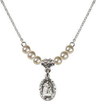 18" Rhodium Plated Necklace with 4mm Faux-Pearl Beads featuring a Sterling Silver Saint Ann Medal.
