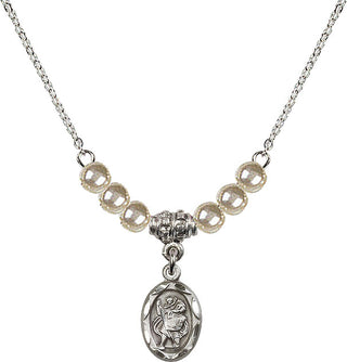 18" Rhodium Plated Necklace with 4mm Faux-Pearl Beads featuring a Sterling Silver Saint Christopher Medal.