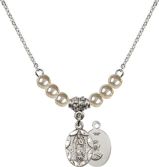 18" Rhodium Plated Necklace with 4mm Faux-Pearl Beads featuring a Sterling Silver Our Lady of Guadalupe Medal.