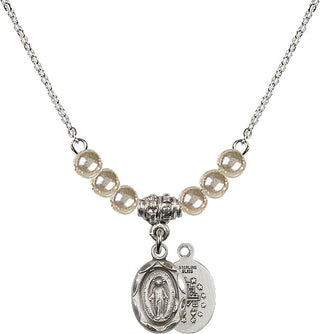 18" Rhodium Plated Necklace with 4mm Faux-Pearl Beads featuring a Sterling Silver Miraculous Medal.