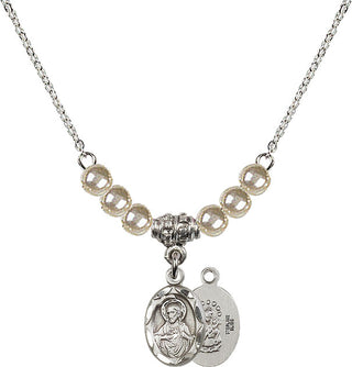 18" Rhodium Plated Necklace with 4mm Faux-Pearl Beads featuring a Sterling Silver Scapular Medal.
