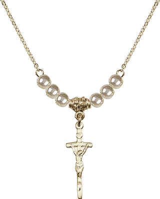 18" Hamilton Gold Plated Necklace with 4mm Faux-Pearl Beads featuring a 14kt Gold Filled Papal Crucifix Medal.