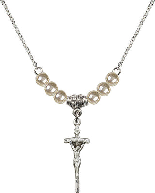 18" Rhodium Plated Necklace with 4mm Faux-Pearl Beads featuring a Sterling Silver Papal Crucifix Medal.