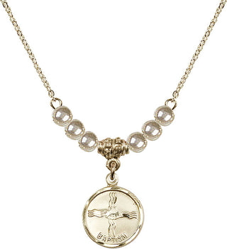 18" Hamilton Gold Plated Necklace with 4mm Faux-Pearl Beads featuring a 14kt Gold Filled Baptism Medal. Engraved Catholic Saint Jewelry