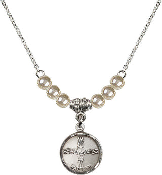 18" Rhodium Plated Necklace with 4mm Faux-Pearl Beads featuring a Sterling Silver Baptism Medal. Engraved Catholic Saint Jewelry