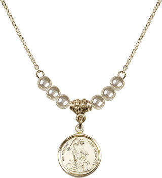 18" Hamilton Gold Plated Necklace with 4mm Faux-Pearl Beads featuring a 14kt Gold Filled Guardian Angel Medal. Engraved Catholic Saint Jewelry
