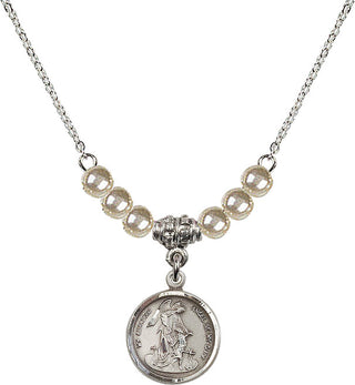 18" Rhodium Plated Necklace with 4mm Faux-Pearl Beads featuring a Sterling Silver Guardian Angel Medal. Engraved Catholic Saint Jewelry
