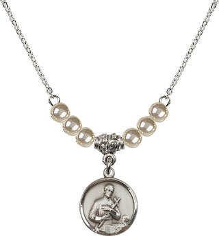 18" Rhodium Plated Necklace with 4mm Faux-Pearl Beads featuring a Sterling Silver Saint Gerard Medal. Engraved Catholic Saint Jewelry