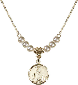 18" Hamilton Gold Plated Necklace with 4mm Faux-Pearl Beads featuring a 14kt Gold Filled Saint Jude Medal. Engraved Catholic Saint Jewelry