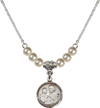 18" Rhodium Plated Necklace with 4mm Faux-Pearl Beads featuring a Sterling Silver Saint Joseph Medal. Engraved Catholic Saint Jewelry