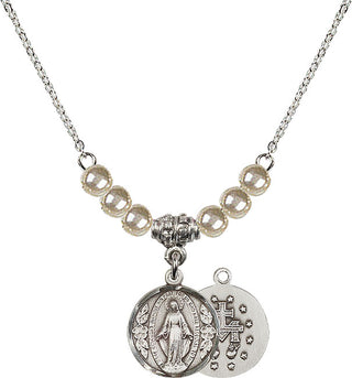 18" Rhodium Plated Necklace with 4mm Faux-Pearl Beads featuring a Sterling Silver Miraculous Medal.