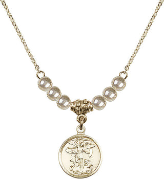 18" Hamilton Gold Plated Necklace with 4mm Faux-Pearl Beads featuring a 14kt Gold Filled Saint Michael the Archangel Medal.