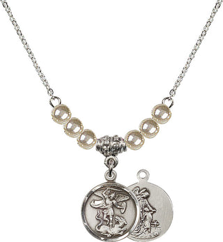 18" Rhodium Plated Necklace with 4mm Faux-Pearl Beads featuring a Sterling Silver Saint Michael the Archangel Medal.