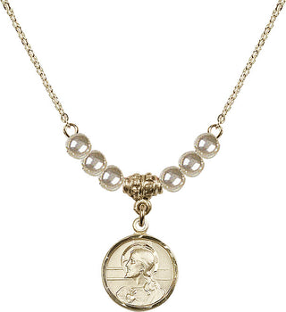 18" Hamilton Gold Plated Necklace with 4mm Faux-Pearl Beads featuring a 14kt Gold Filled Scapular Medal.