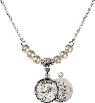 18" Rhodium Plated Necklace with 4mm Faux-Pearl Beads featuring a Sterling Silver Scapular Medal.