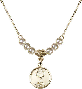 18" Hamilton Gold Plated Necklace with 4mm Faux-Pearl Beads featuring a 14kt Gold Filled Communion Medal. Engraved Catholic Saint Jewelry