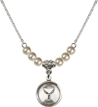 18" Rhodium Plated Necklace with 4mm Faux-Pearl Beads featuring a Sterling Silver Communion Medal. Engraved Catholic Saint Jewelry