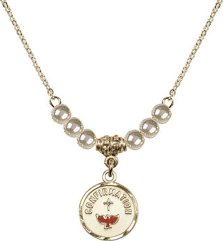 18" Hamilton Gold Plated Necklace with 4mm Faux-Pearl Beads featuring a 14kt Gold Filled Confirmation Medal. Engraved Catholic Saint Jewelry