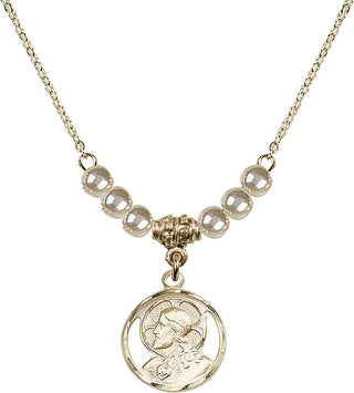 18" Hamilton Gold Plated Necklace with 4mm Faux-Pearl Beads featuring a 14kt Gold Filled Scapular Medal.