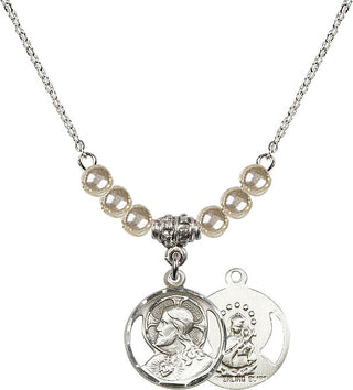 18" Rhodium Plated Necklace with 4mm Faux-Pearl Beads featuring a Sterling Silver Scapular Medal.