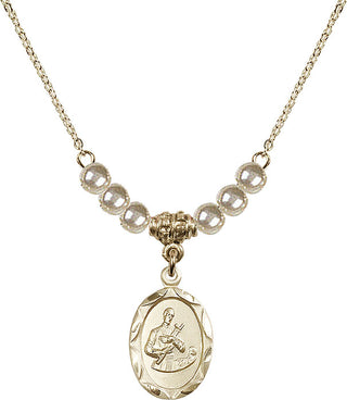 18" Hamilton Gold Plated Necklace with 4mm Faux-Pearl Beads featuring a 14kt Gold Filled Saint Gerard Medal. Engraved Catholic Saint Jewelry