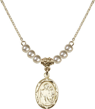 18" Hamilton Gold Plated Necklace with 4mm Faux-Pearl Beads featuring a 14kt Gold Filled Saint Joseph Medal. Engraved Catholic Saint Jewelry