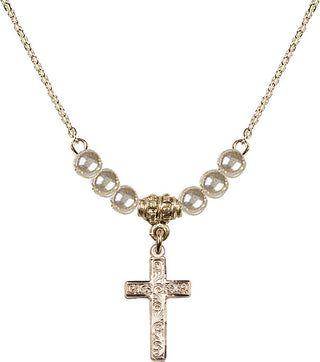 18" Hamilton Gold Plated Necklace with 4mm Faux-Pearl Beads featuring a 14kt Gold Filled Cross Medal.