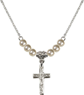 18" Rhodium Plated Necklace with 4mm Faux-Pearl Beads featuring a Sterling Silver Cross Medal.