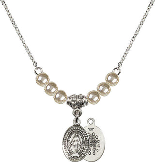 18" Rhodium Plated Necklace with 4mm Faux-Pearl Beads featuring a Sterling Silver Miraculous Medal.