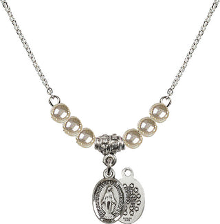 18" Rhodium Plated Necklace with 4mm Faux-Pearl Beads featuring a Sterling Silver Miraculous Medal.