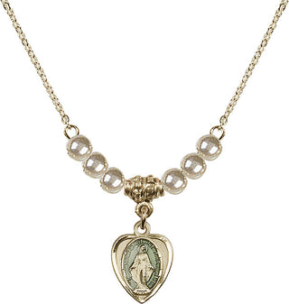 18" Hamilton Gold Plated Necklace with 4mm Faux-Pearl Beads featuring a 14kt Gold Filled Miraculous Medal.