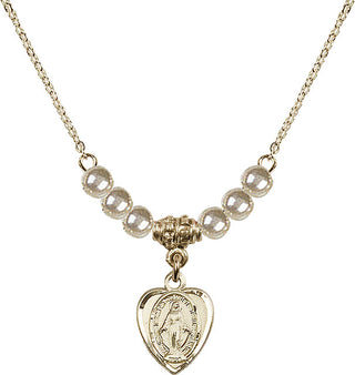 18" Hamilton Gold Plated Necklace with 4mm Faux-Pearl Beads featuring a 14kt Gold Filled Miraculous Medal.