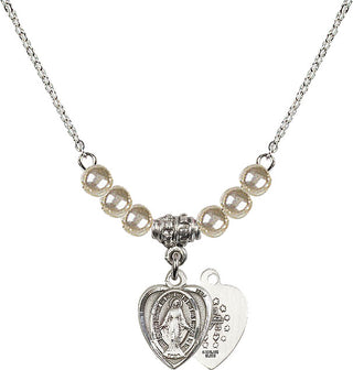 18" Rhodium Plated Necklace with 4mm Faux-Pearl Beads featuring a Sterling Silver Miraculous Medal.