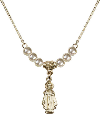 18" Hamilton Gold Plated Necklace with 4mm Faux-Pearl Beads featuring a 14kt Gold Filled Infant of Prague Medal.